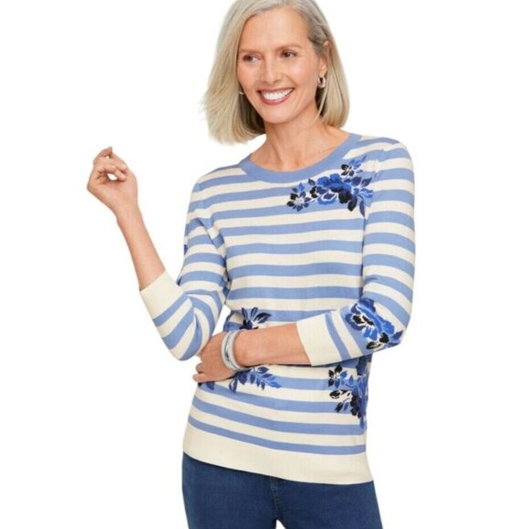 Talbots Petite Botanical Striped Crewneck Sweater – Size LP - Picture 2 of 11
